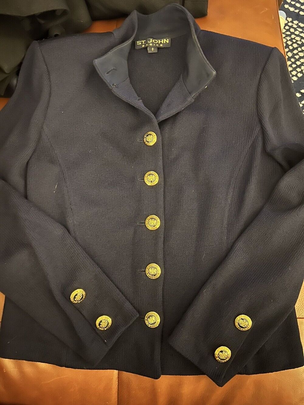 ST.JOHN BASIC KNIT Jacket Blazer Navy Blue Size 8 Made In USA ￼gold Logo Buttons